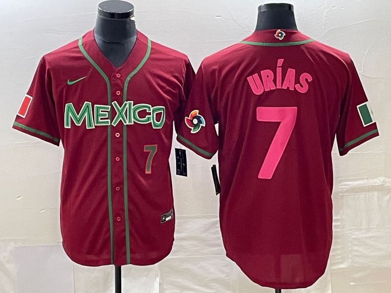 Men 2023 World Cub Mexico #7 Urias Red pink Nike MLB Jersey3